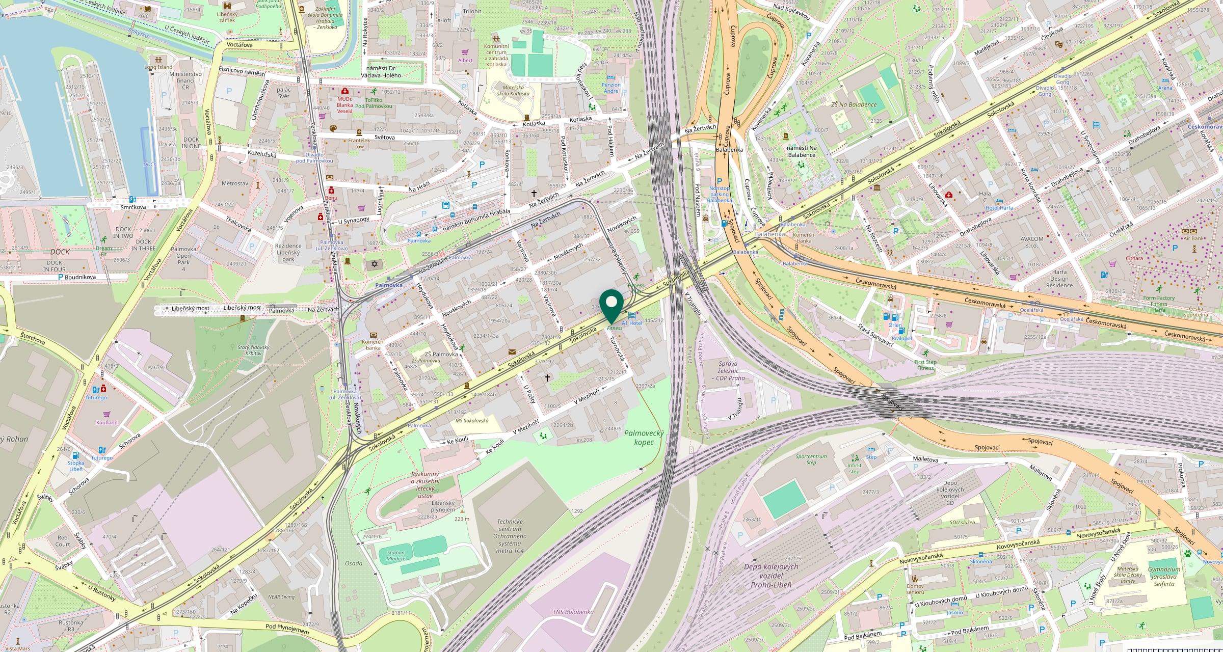 Map showing the Deskohub Workspace location in Palmovka